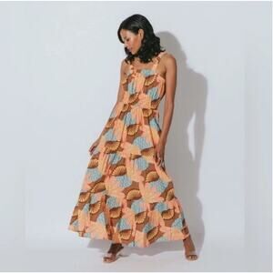 Cleobella Jolene 100% Organic Poplin Cotton Tiered Maxi Dress Medium Riviera